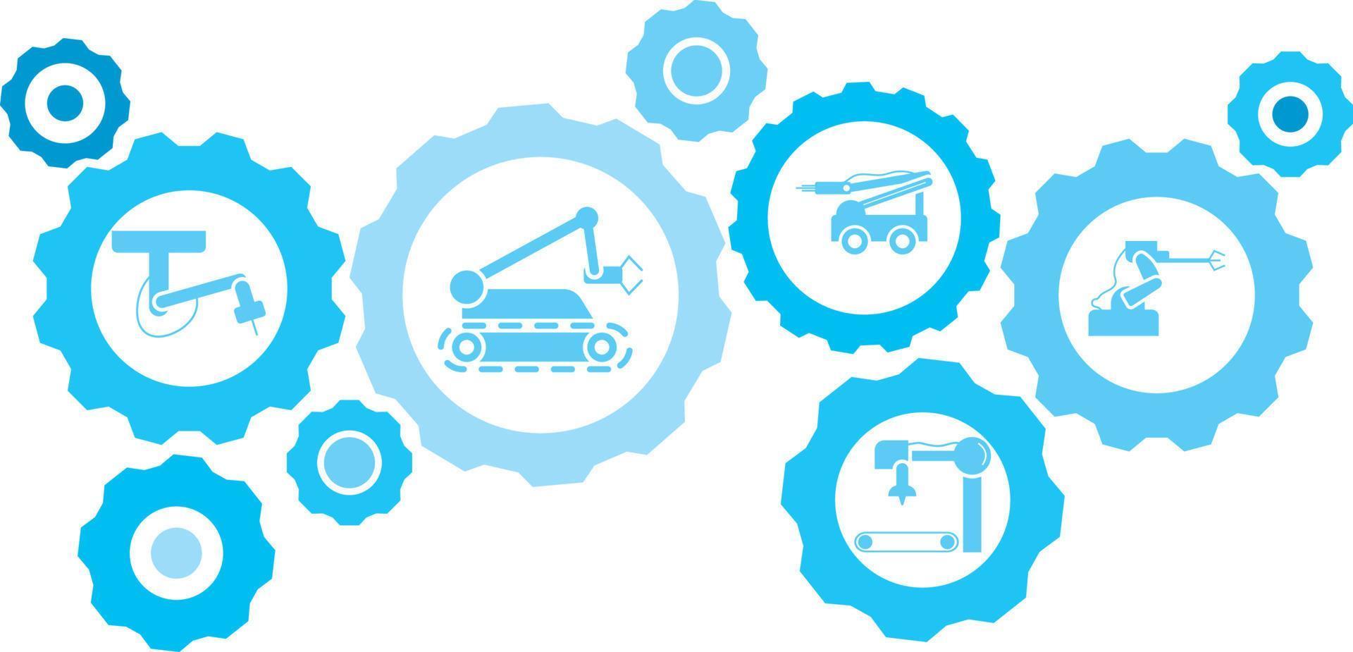 Robot, icon, technology, industry, factory blue gear set. Abstract background with connected gears and icons for logistic, service, shipping, distribution, transport, market, communicate concepts vector