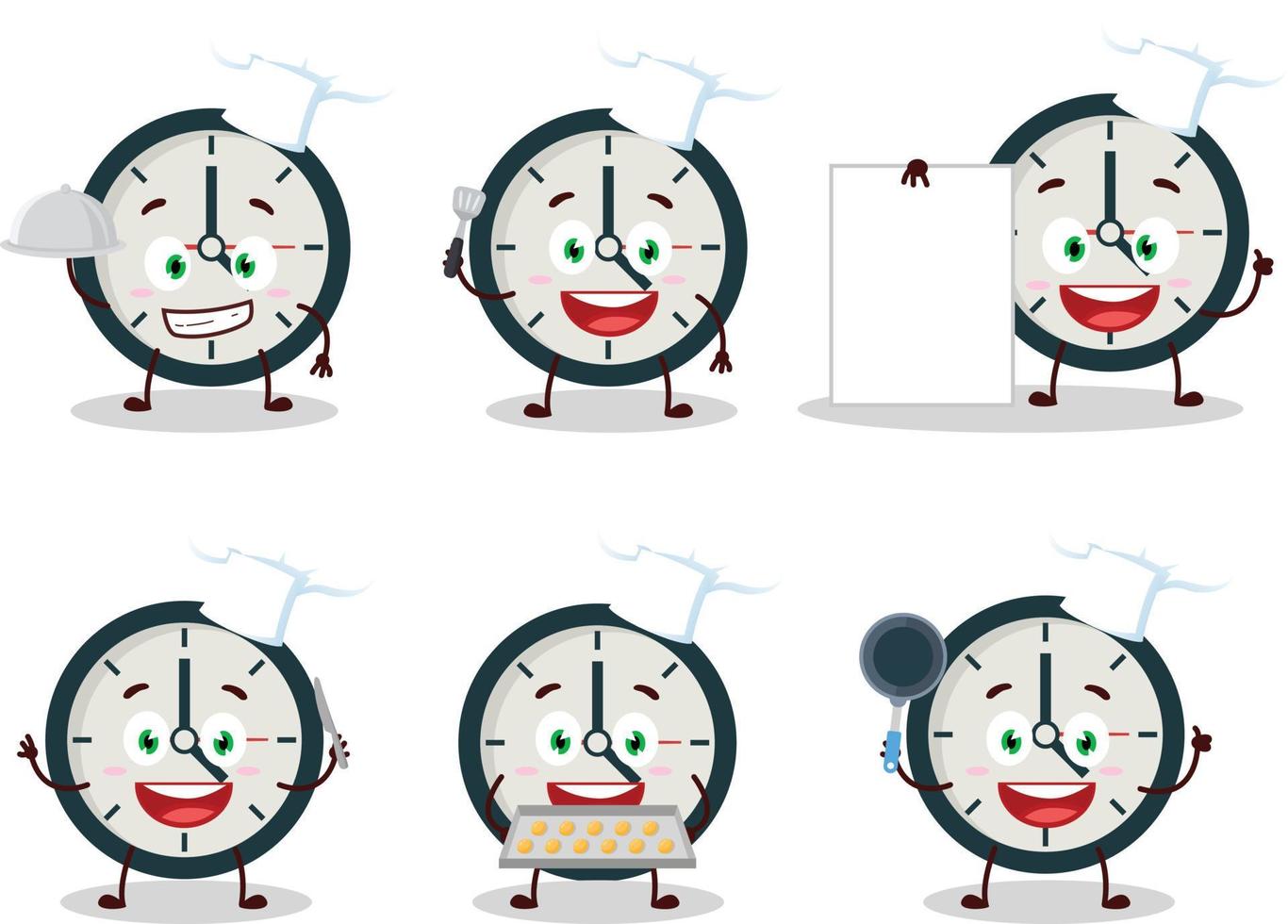 dibujos animados personaje de reloj con varios cocinero emoticones vector