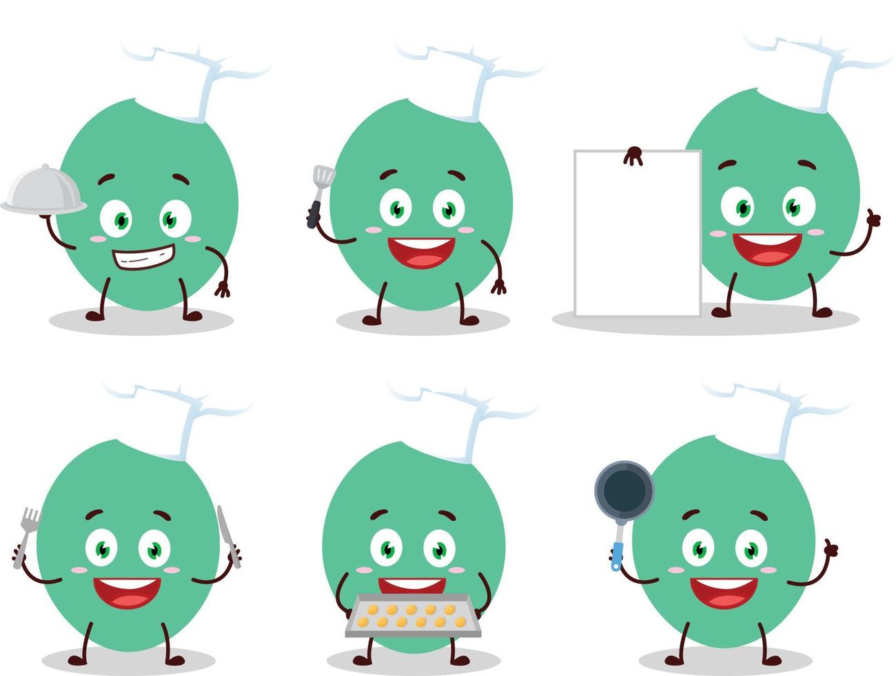 Cartoon character of green balloon with various chef emoticons vector