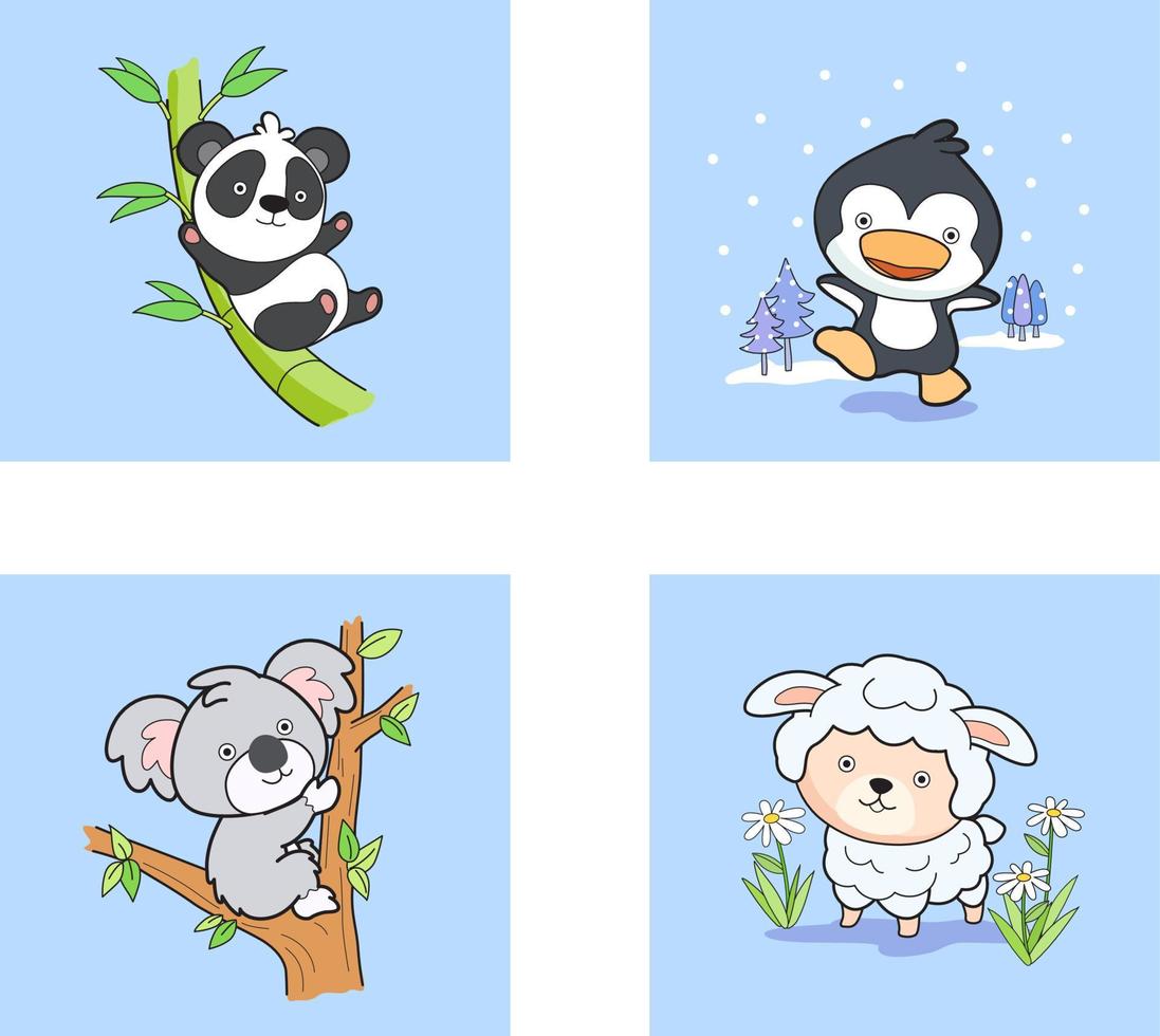 Vector cute set of animals, animal isolates in cartoon flat style.