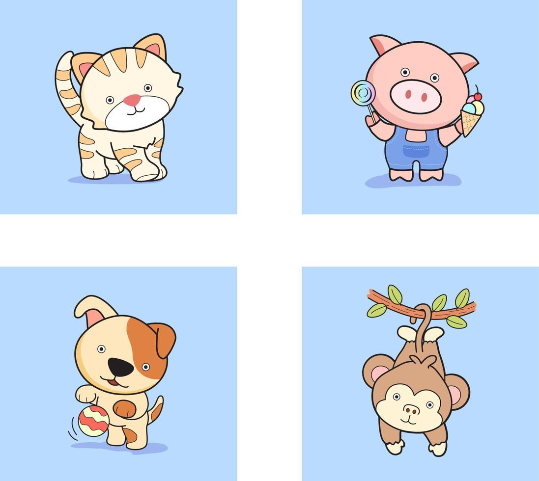 Vector cute set of animals, animal isolates in cartoon flat style.