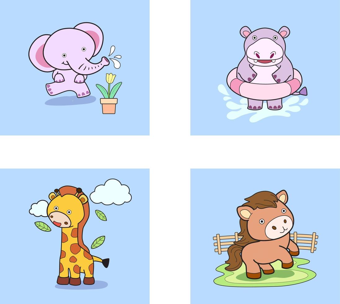 Vector cute set of animals, animal isolates in cartoon flat style.