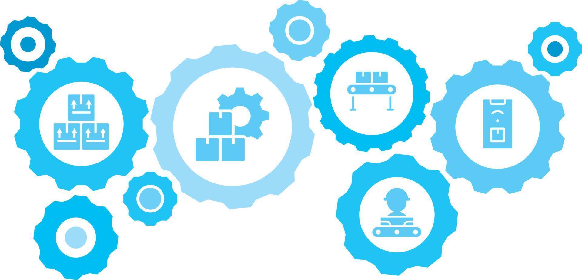 Connected gears and vector icons for logistic, service, shipping, distribution, transport, market, communicate concepts. Mass, production, app gear blue icon set on white background