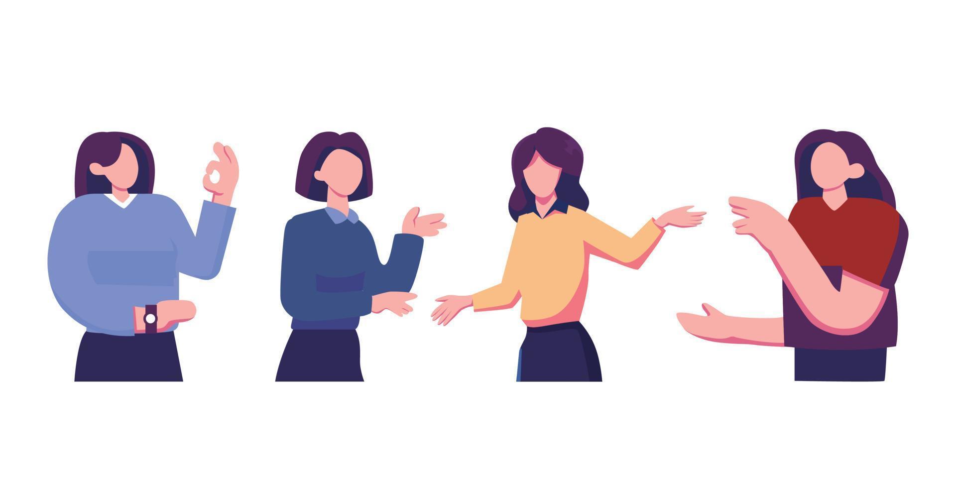 Happy people gesturing, showing, presenting. flat style illustration design vector