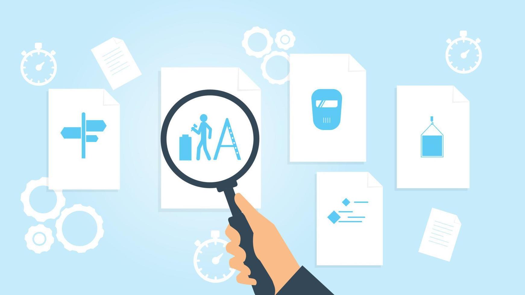 Document with search icons. File and magnifying glass. Analytics research sign. Vector Illustrationlift, sonstruction material file, document research vector illustration .
