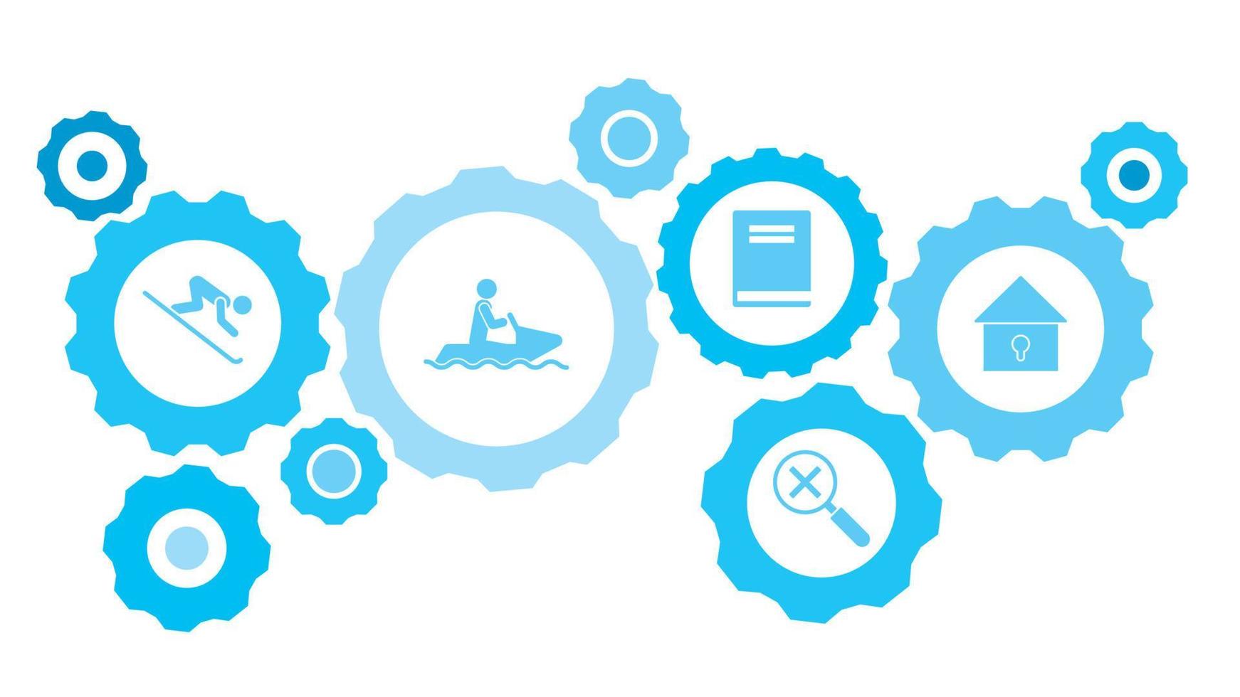 Locked house gear blue icon set. Abstract background with connected gears and icons for logistic, service, shipping, distribution, transport, market, communicate concepts vector