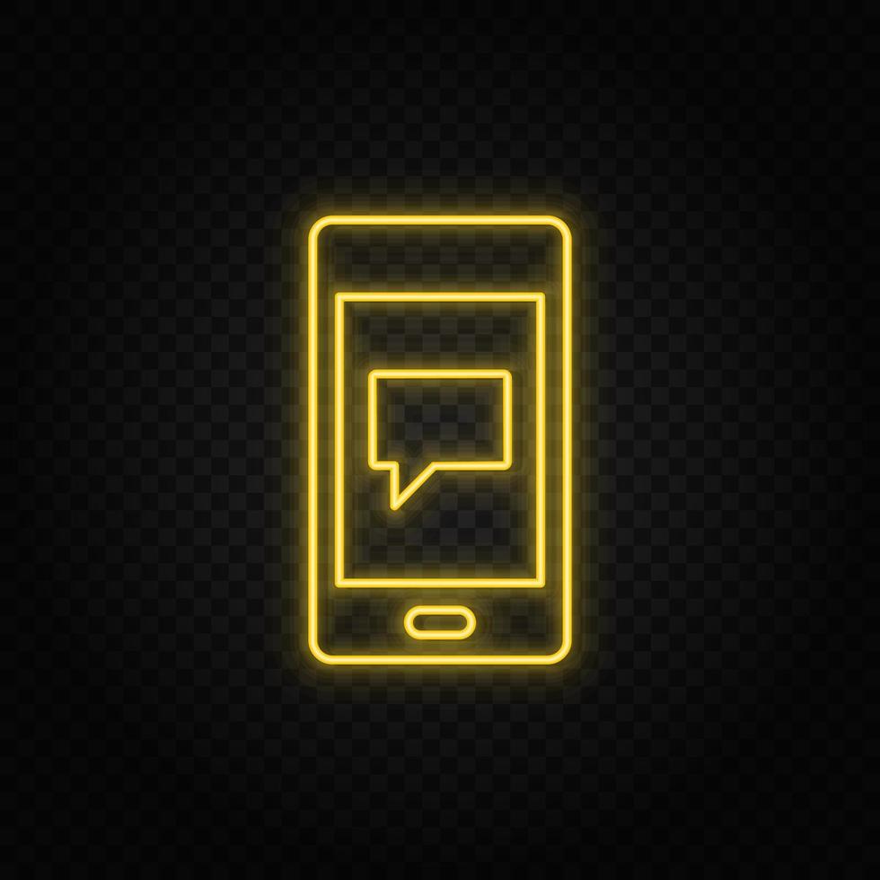 Yellow neon icon phone, chat, message. Transparent background. Yellow neon vector icon on dark background