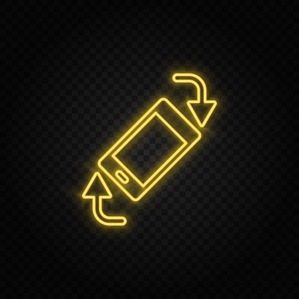 Yellow neon icon phone, rotate, arrows. Transparent background. Yellow neon vector icon on dark background