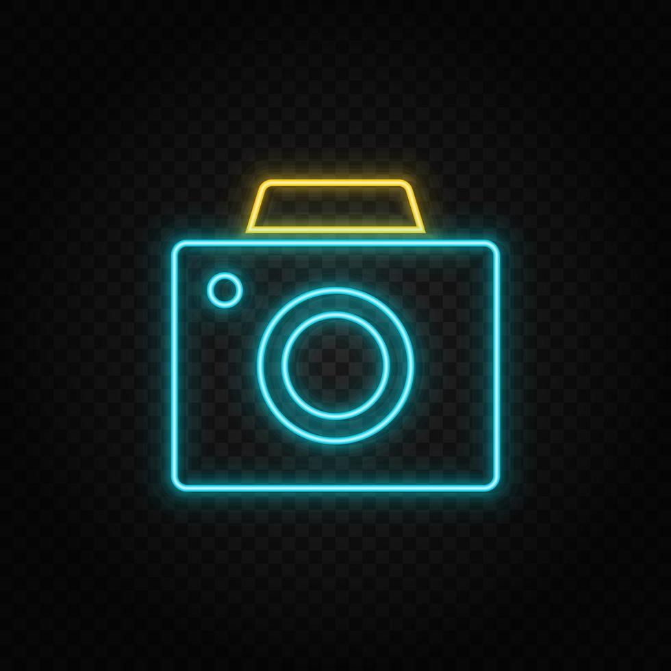 Old digital camera. Blue and yellow neon vector icon. Transparent background.