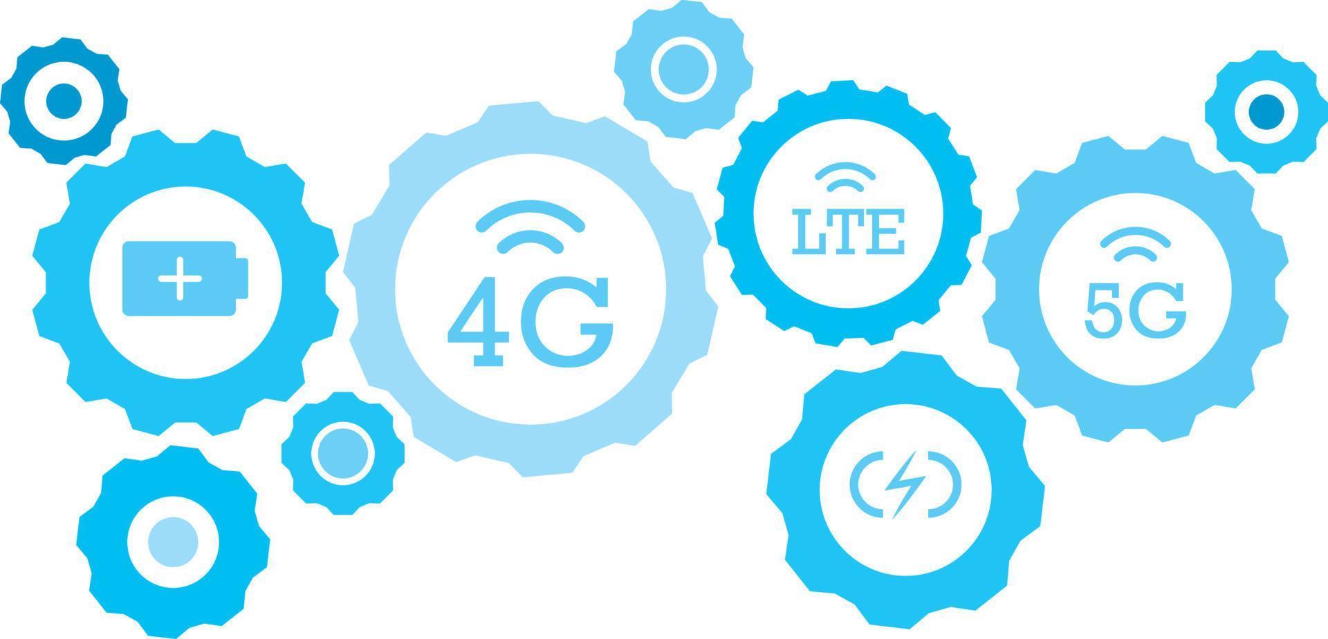 conectado engranajes y vector íconos para logístico, servicio, envío, distribución, transporte, mercado, comunicar conceptos. 5g, señal engranaje azul icono conjunto en blanco antecedentes