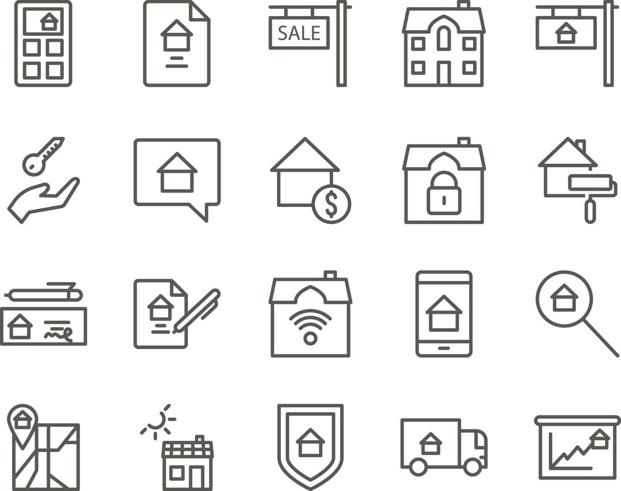 growth, house, market set vector icons. Real estate icon set. Simple Set of Real Estate Related Vector Line Icons. Contains such Icons as Map, Plan, Bedrooms on white background