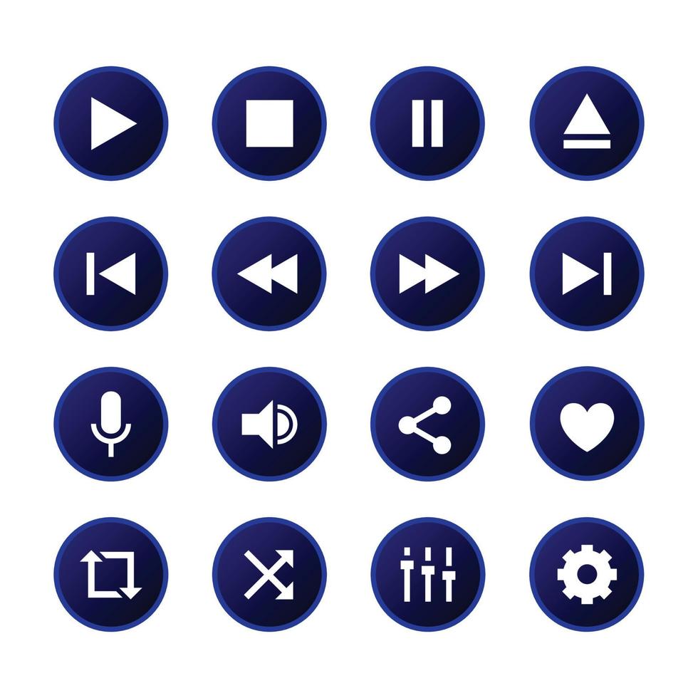 set of music player buttons gradient blue vector icons