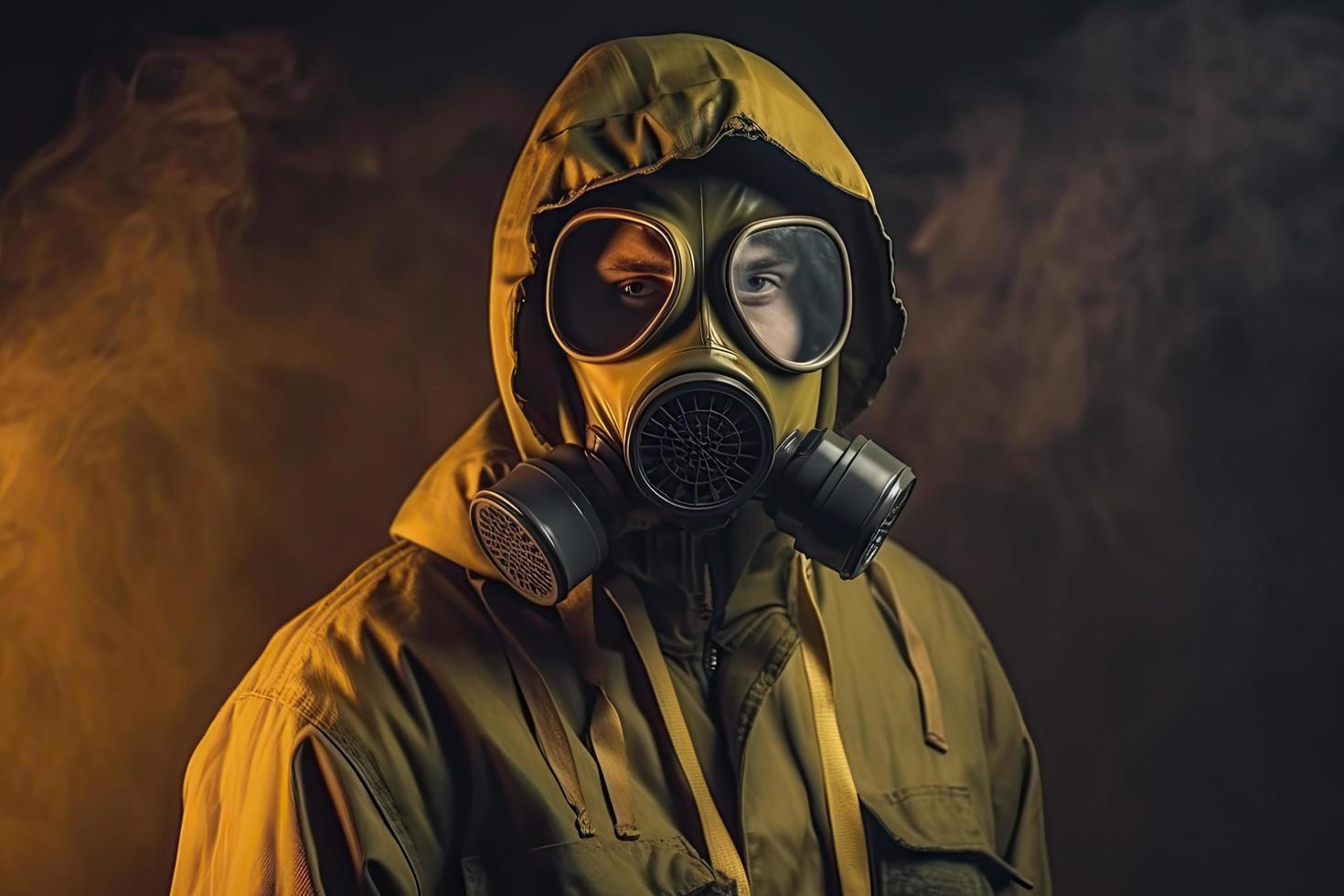 Man with a gas mask, nuclear war and environmental disaster, radioactivity catastrophe, military equipment photo