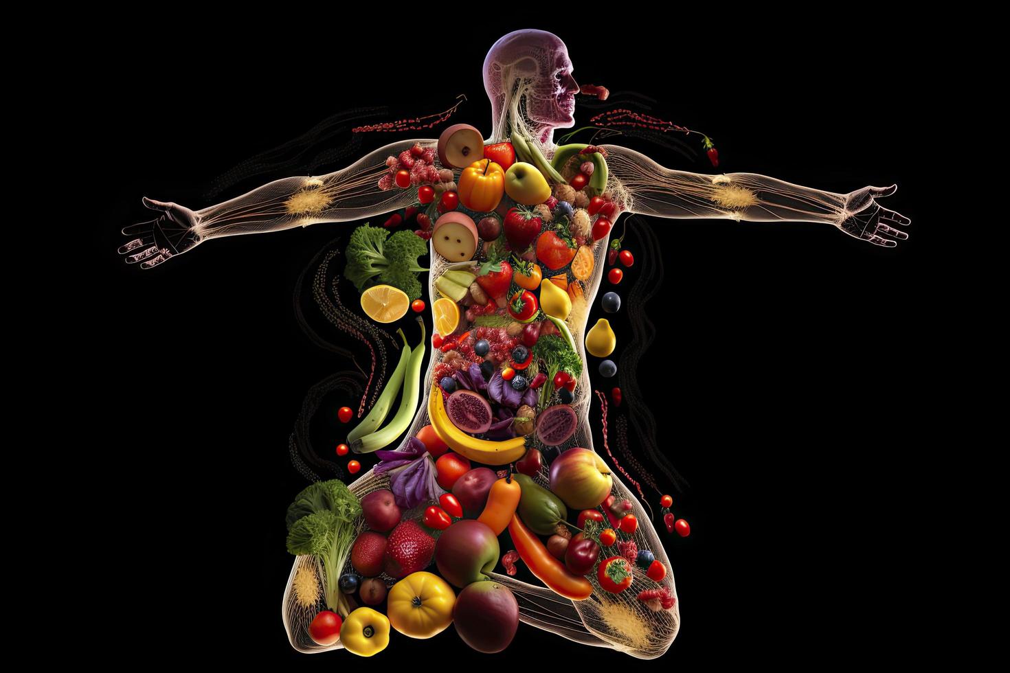 contorno de un humano con tornillos de energía corriendo mediante el cuerpo, el cuerpo es rodeado por Fruta foto