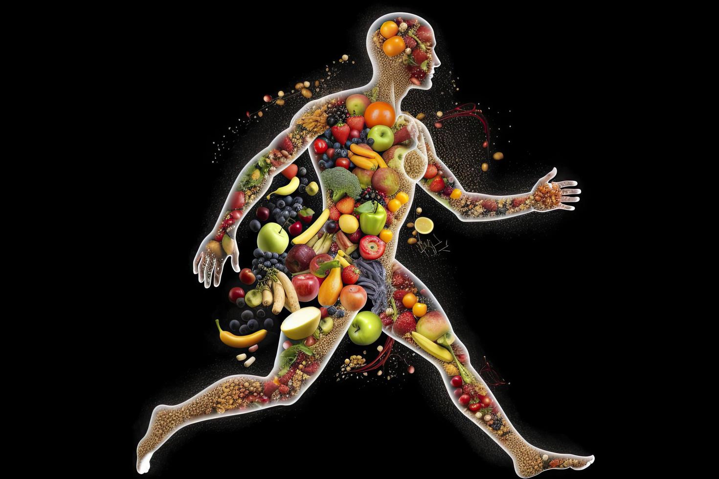 outline of a human with bolts of energy running through the body, the body is surrounded by fruit photo