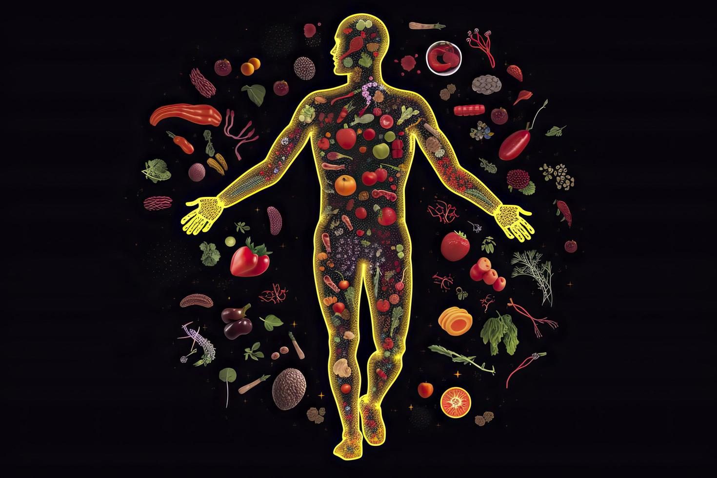 outline of a human with bolts of energy running through the body, the body is surrounded by fruit photo