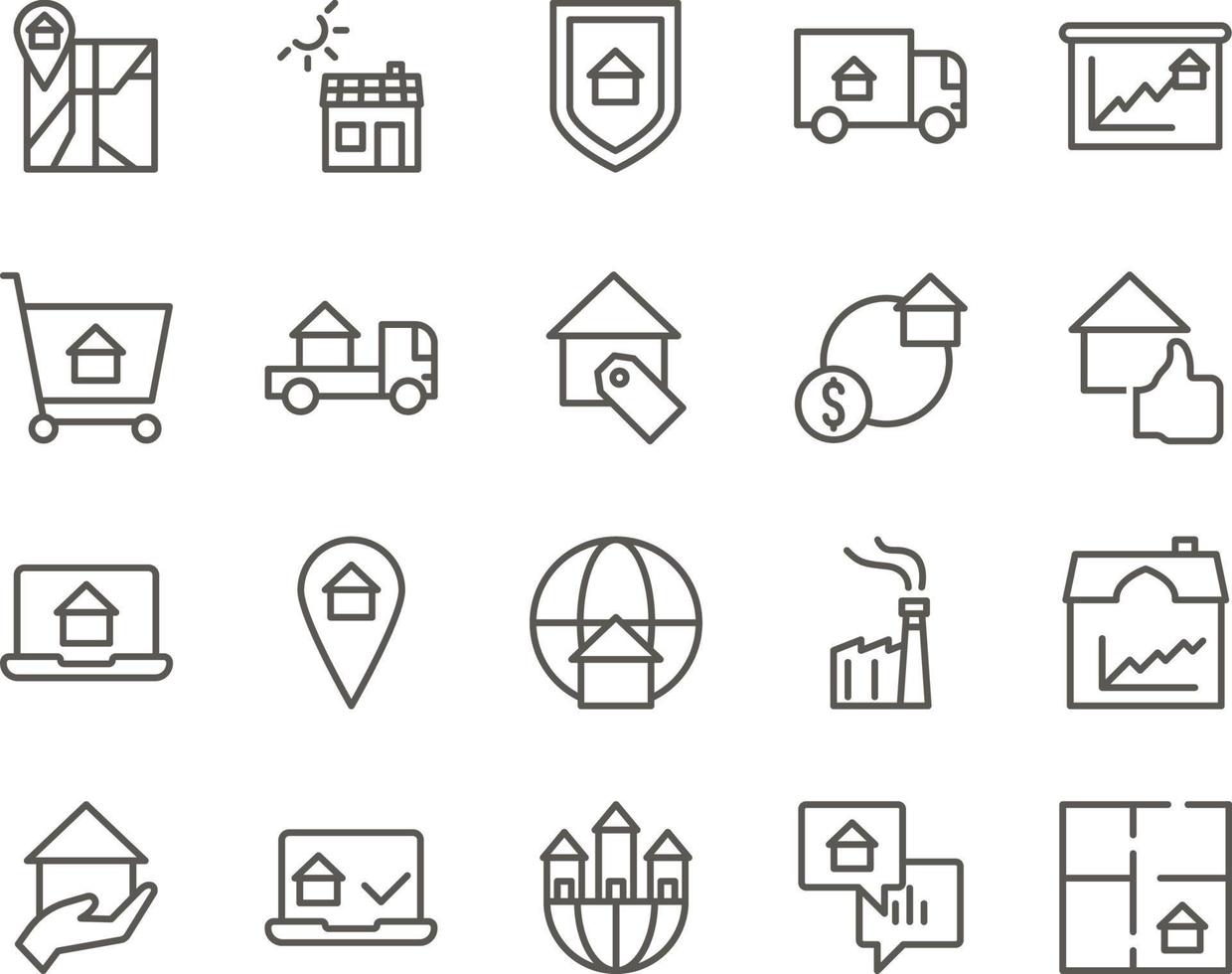 apartment, house, plan set vector icons. Real estate icon set. Simple Set of Real Estate Related Vector Line Icons. Contains such Icons as Map, Plan, Bedrooms on white background