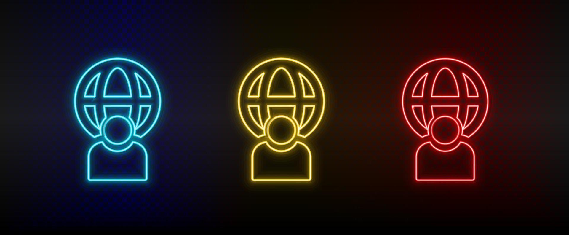 Neon icon set user, global. Set of red, blue, yellow neon vector icon on dark transparent background
