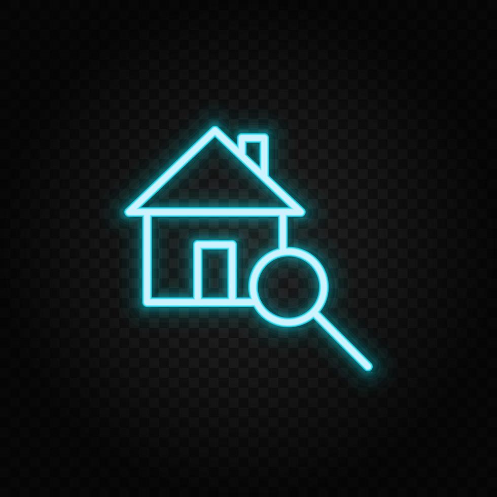Real estate vector home, search. Illustration neon blue, yellow, red icon set