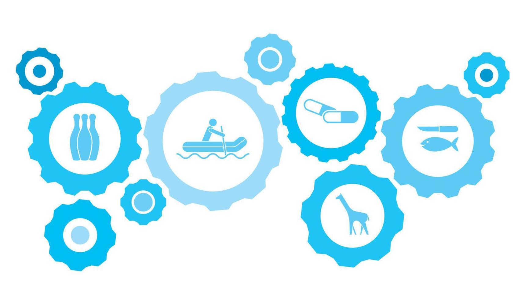 Fish and a knife gear blue icon set. Abstract background with connected gears and icons for logistic, service, shipping, distribution, transport, market, communicate concepts vector