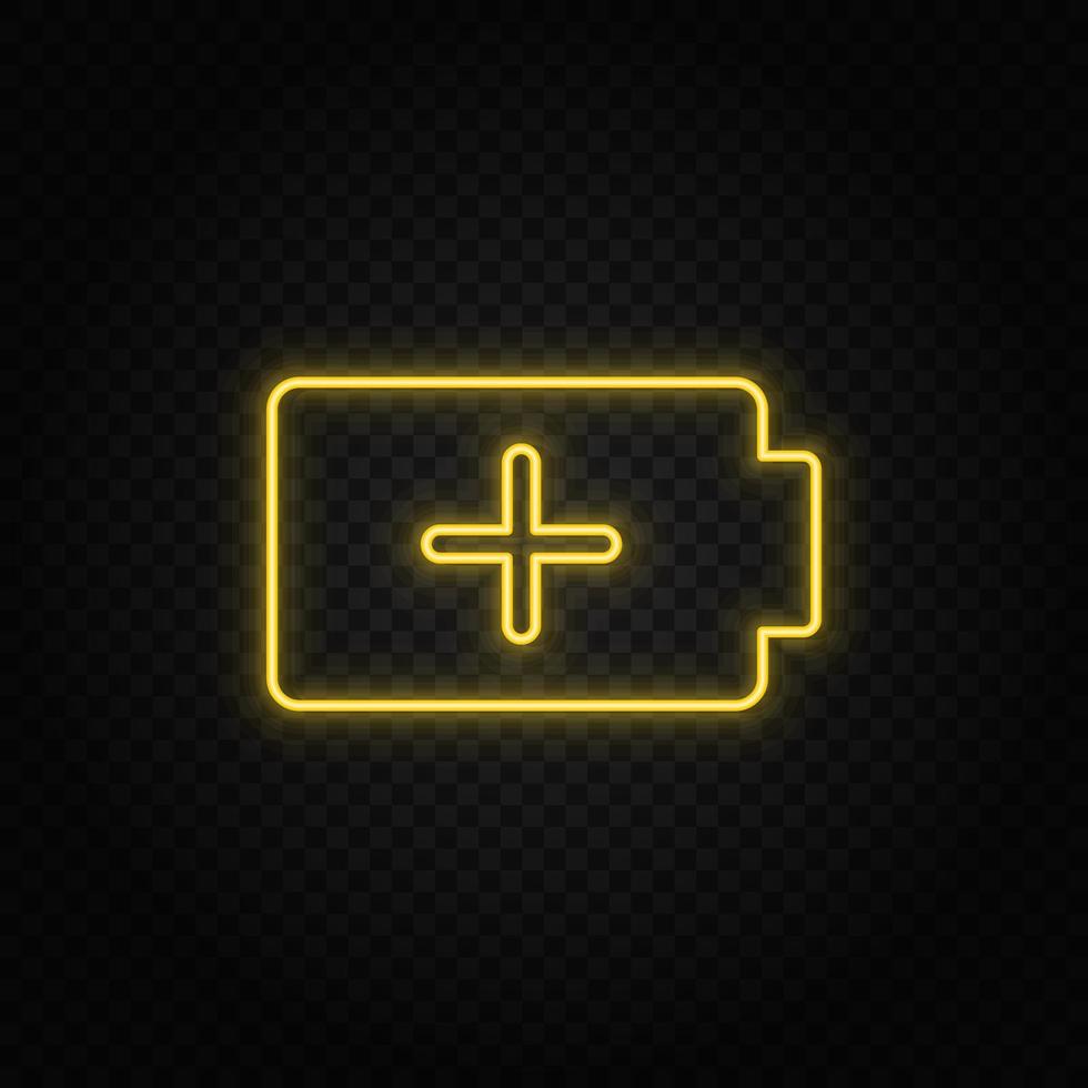 Yellow neon icon charge, add, battery. Transparent background. Yellow neon vector icon on dark background