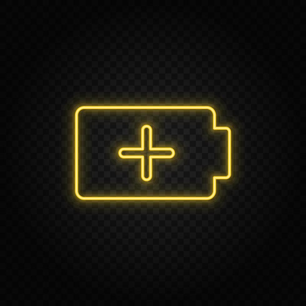 Yellow neon icon charge, add, battery. Transparent background. Yellow neon vector icon on dark background