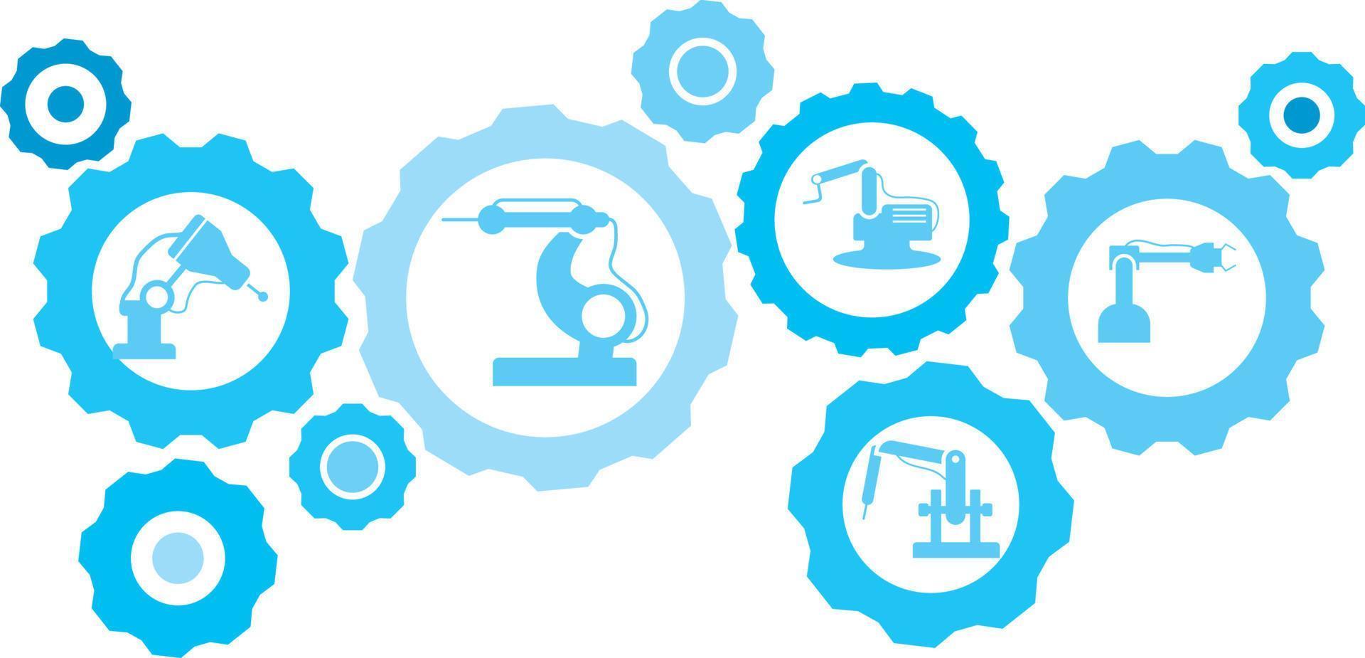 Robot, icon, technology, industry, factory blue gear set. Abstract background with connected gears and icons for logistic, service, shipping, distribution, transport, market, communicate concepts vector