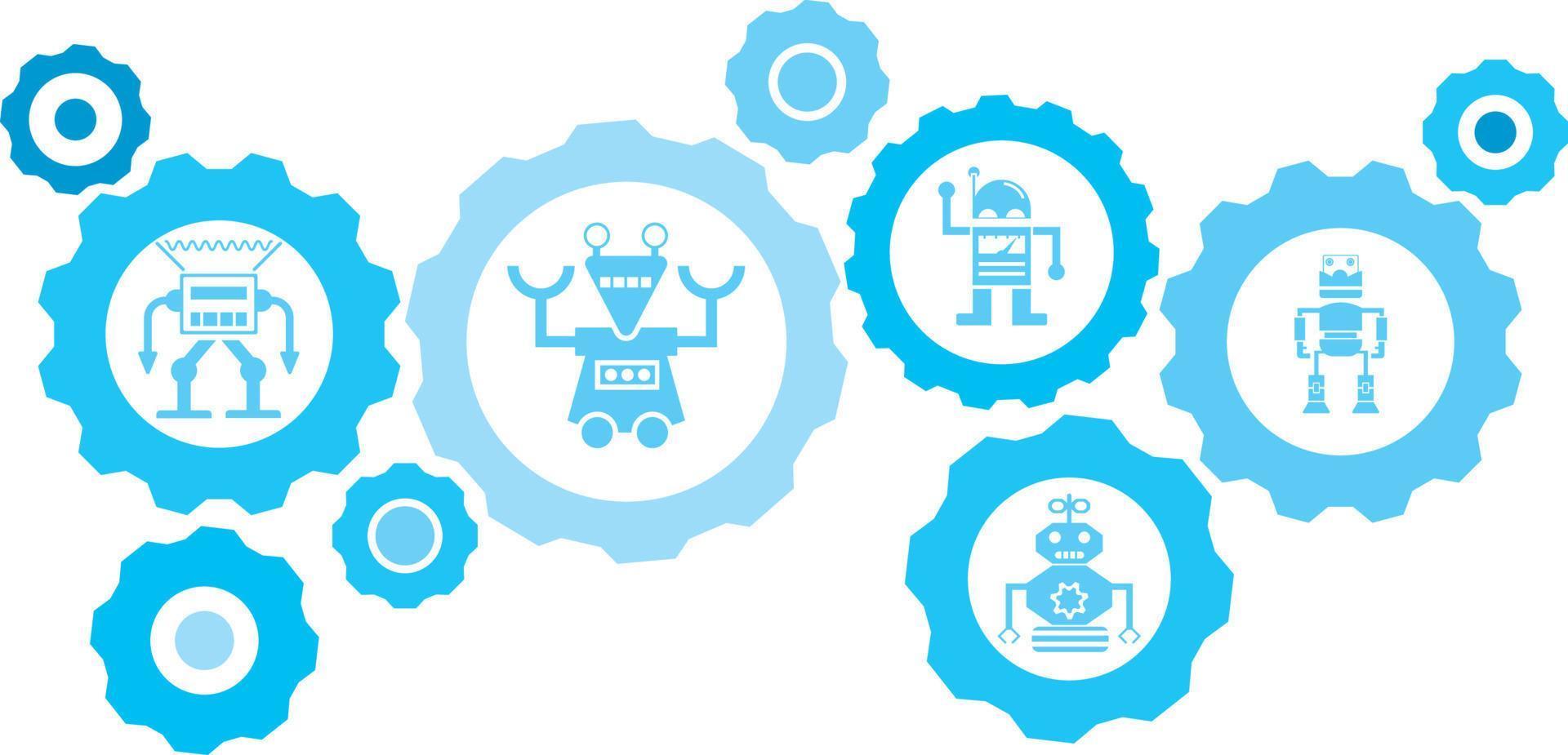 Robot, icon, technology blue gear set. Abstract background with connected gears and icons for logistic, service, shipping, distribution, transport, market, communicate concepts on white background vector