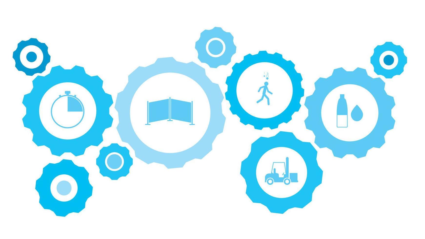 Connected gears and vector icons for logistic, service, shipping, distribution, transport, market, communicate concepts. workers, repair gear blue icon set icon on dark background