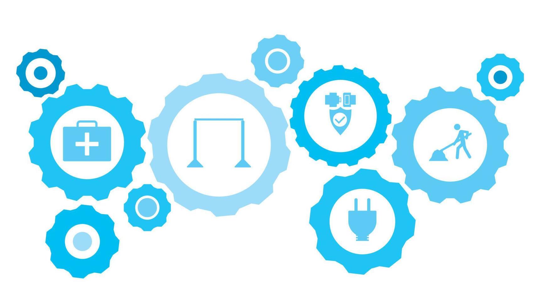 Connected gears and vector icons for logistic, service, shipping, distribution, transport, market, communicate concepts. workers, repair gear blue icon set icon on dark background