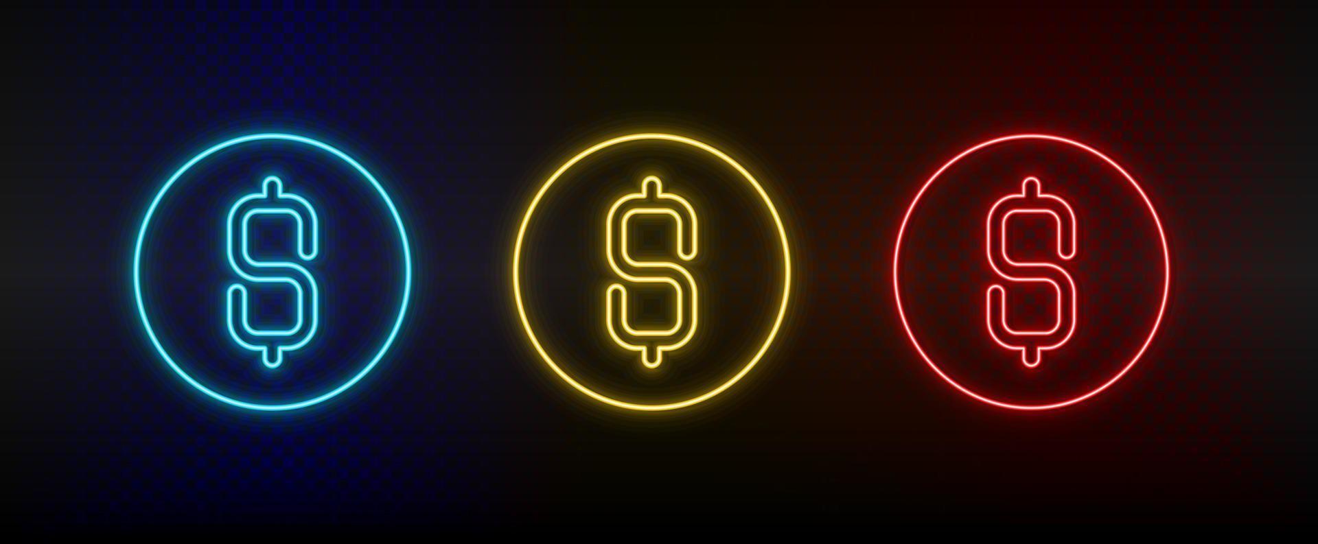Neon icon set dollar, money, coin. Set of red, blue, yellow neon vector icon on dark transparent background