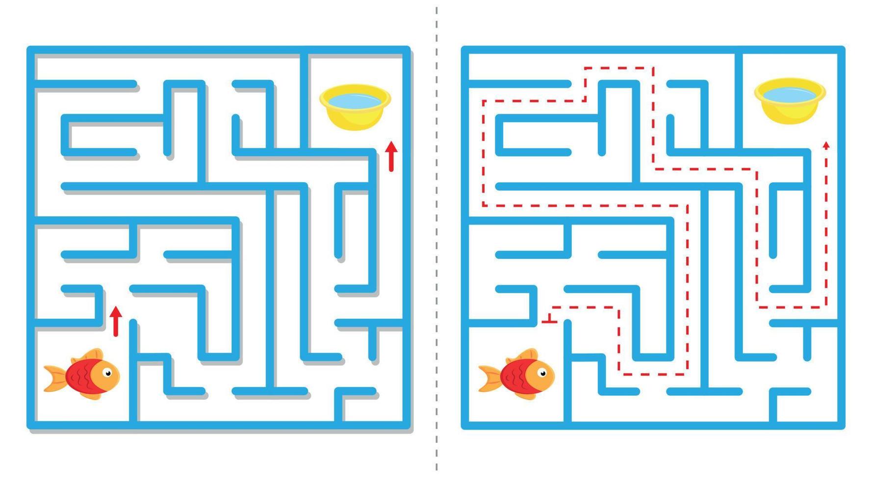 Simple  maze abstract game with answer. Help fish find water. vector