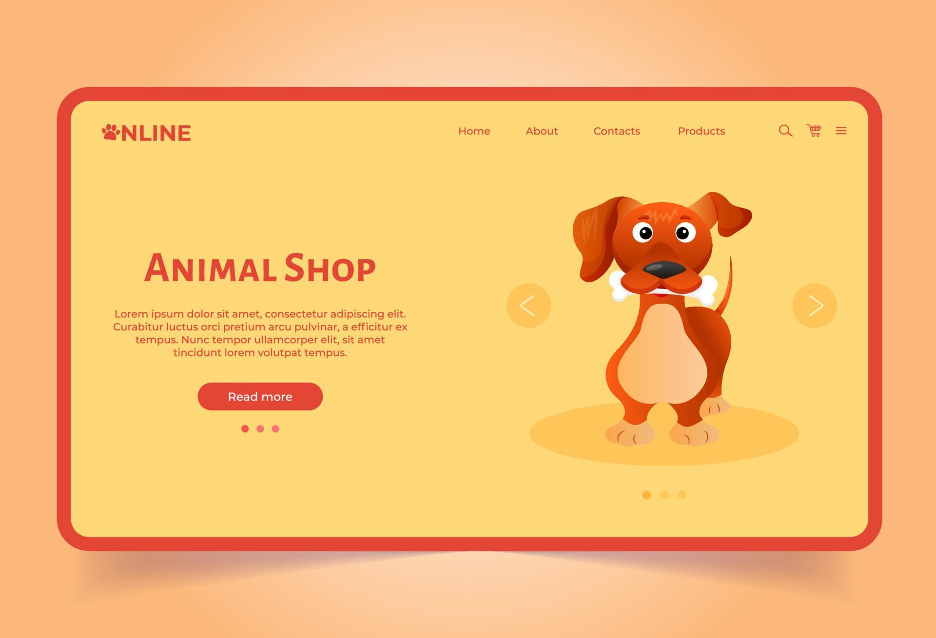 Landing page template for animal shop. Online petstore. Dog cat shop