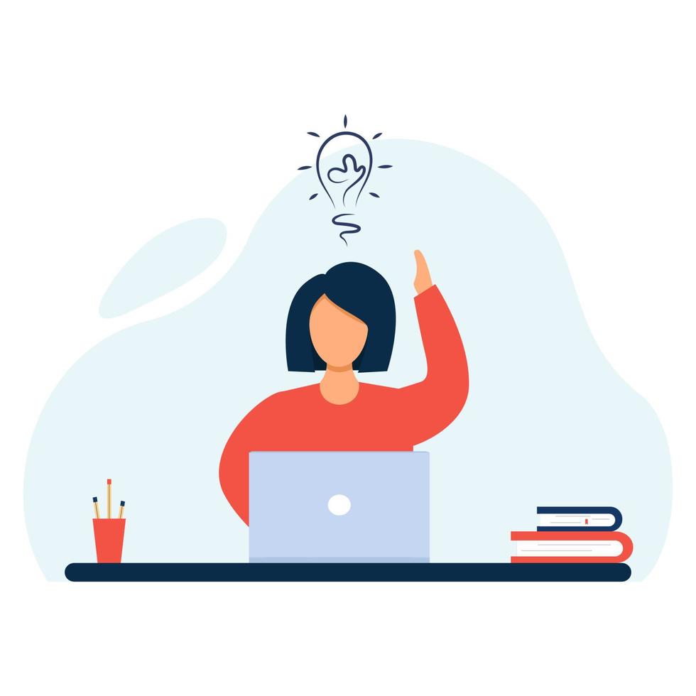 Business woman sitting at the table with laptop, having brilliant idea, lightbulb. Flat character illustration vector