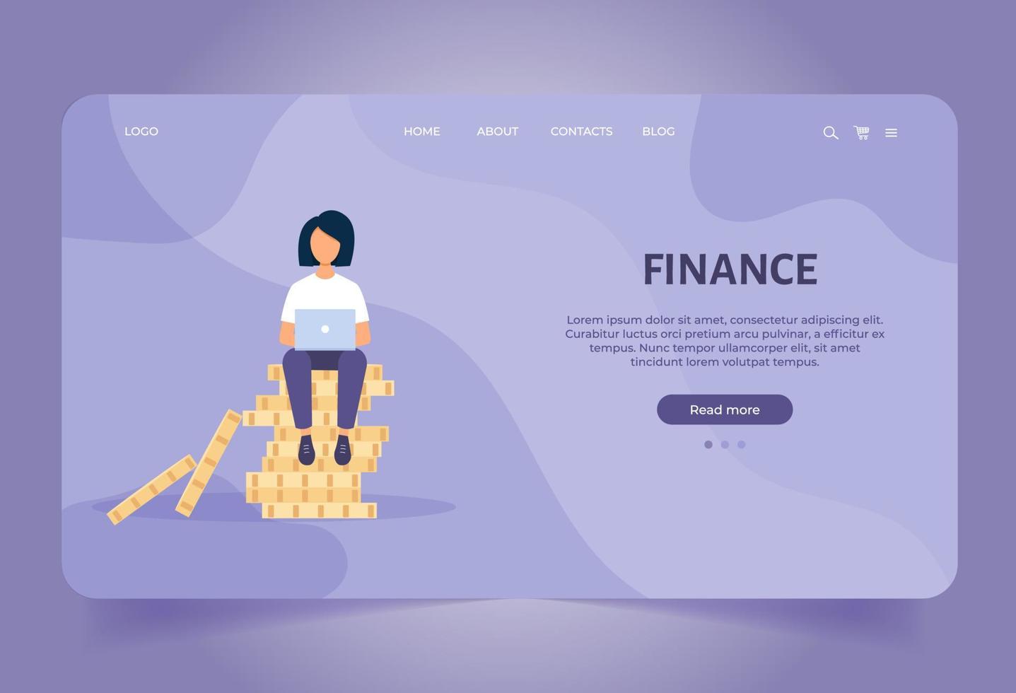 aterrizaje página modelo para negocio financiero experto. joven mujer trabajando con ordenador portátil en monedas ahorro dinero. negocio conceptos para sitio web vector