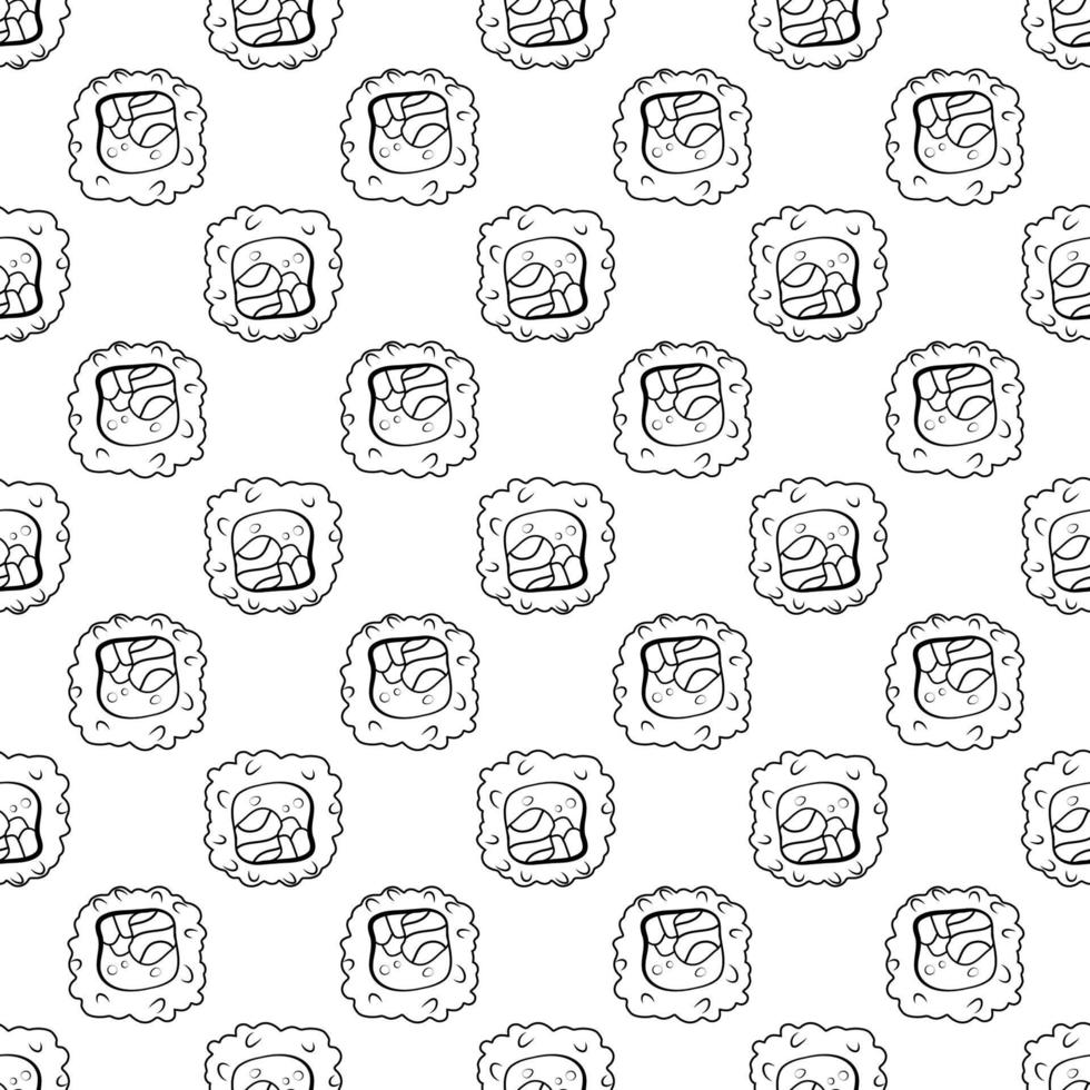 Seamless pattern with black and white sushi rolls with cream cheese, salmon and cucumber. Contour background for fabric vector