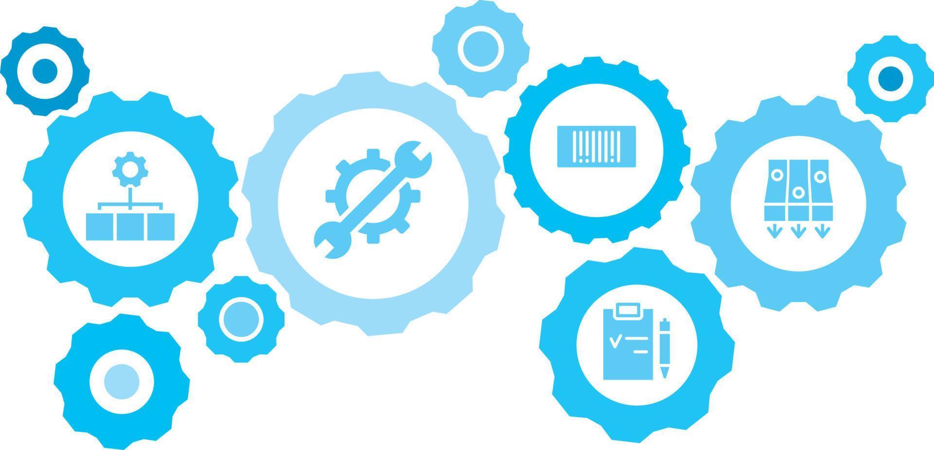 Connected gears and vector icons for logistic, service, shipping, distribution, transport, market, communicate concepts. Mass, production, conveyor gear blue icon set on white background