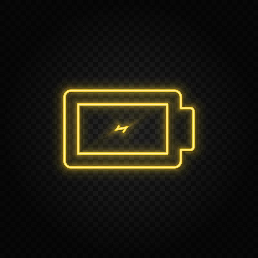 Yellow neon icon charge, battery. Transparent background. Yellow neon vector icon on dark background