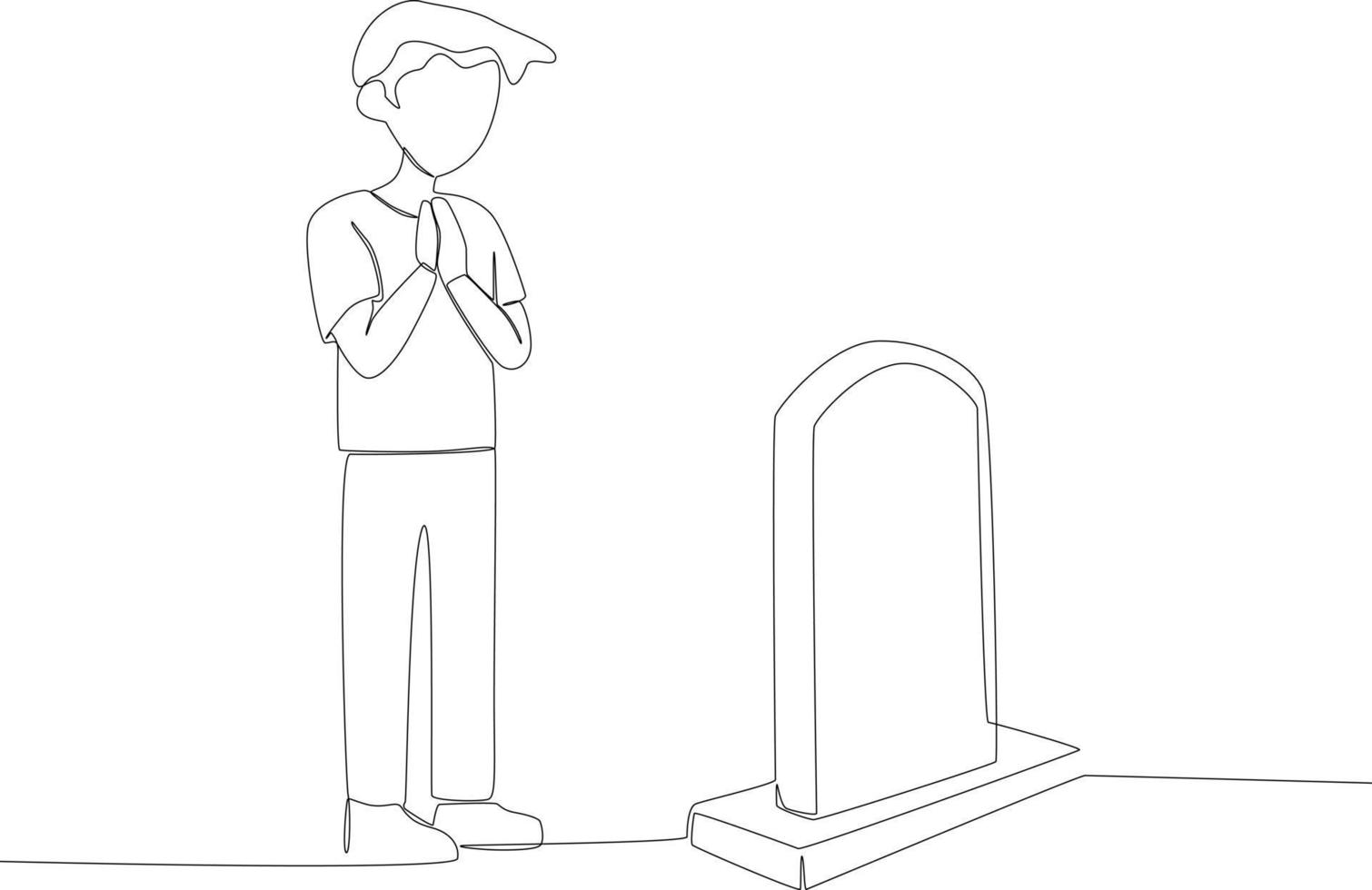 A child wearing a short T-shirt is praying in front of the grave vector