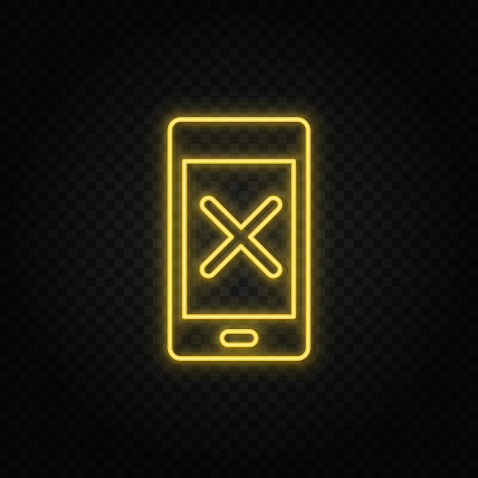 Yellow neon icon phone, delete, remove. Transparent background. Yellow neon vector icon on dark background