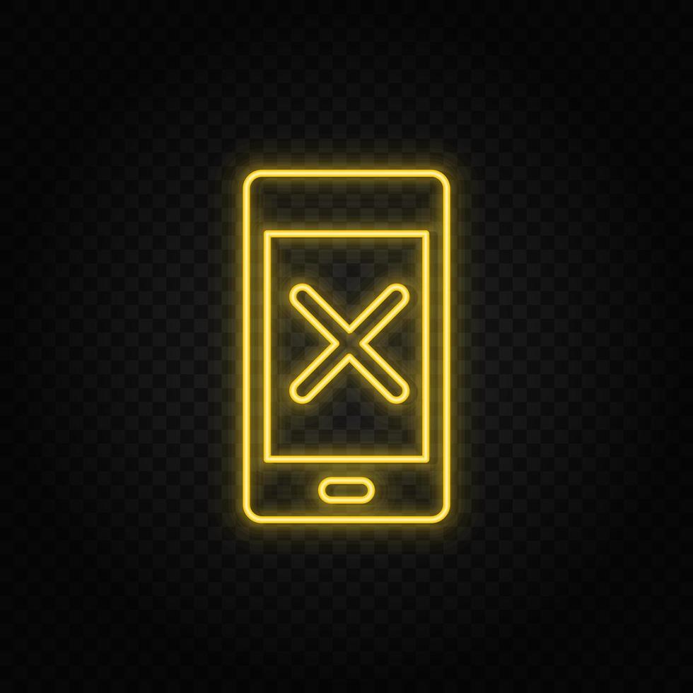 Yellow neon icon phone, delete, remove. Transparent background. Yellow neon vector icon on dark background