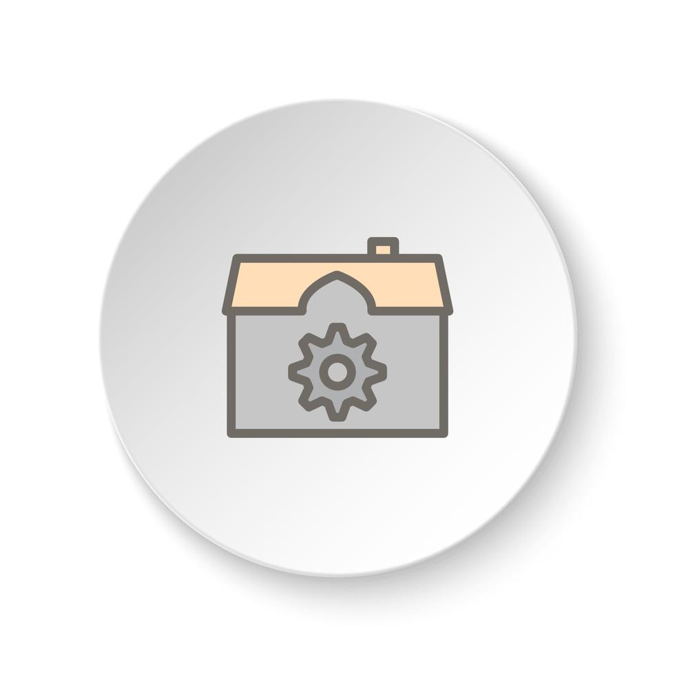 redondo botón para web icono, engranaje, casa, ajustes, inteligente hogar. botón bandera redondo, Insignia interfaz para solicitud ilustración en blanco antecedentes vector