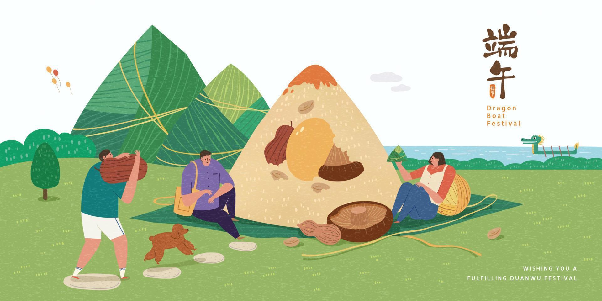 Dragon boat festival banner. Young Asian people enjoying a rice dumpling picnic, with giant wrapped zongzi located aside. Duanwu holiday name written in Chinese vector