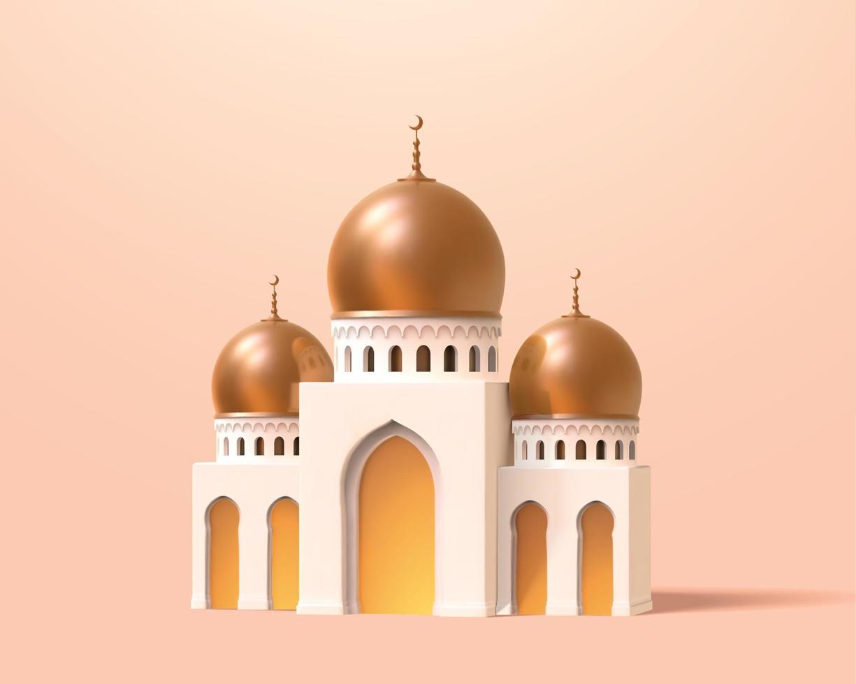Mini mosque or palace in 3d toy cartoon design. Architecture element isolated on apricot pink background. vector