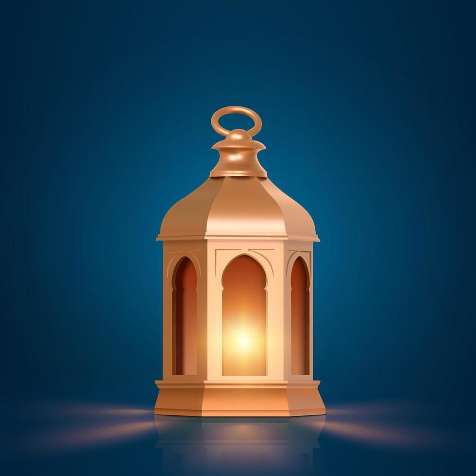 3d illustration of fanoos, fanous, or Arabic Ramadan lantern in golden metal texture design. Religious object isolated on dark blue background. vector