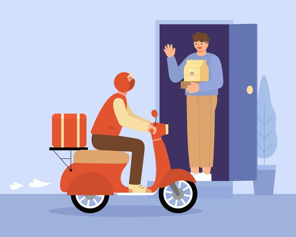 Flat illustration of food delivery during covid quarantine. Young man stands at the door and waits for the arrival of courier. vector