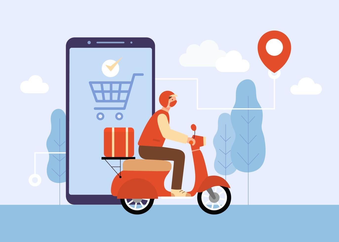 Flat illustration of a male courier riding scooter to deliver package with the help of GPS map navigation. vector