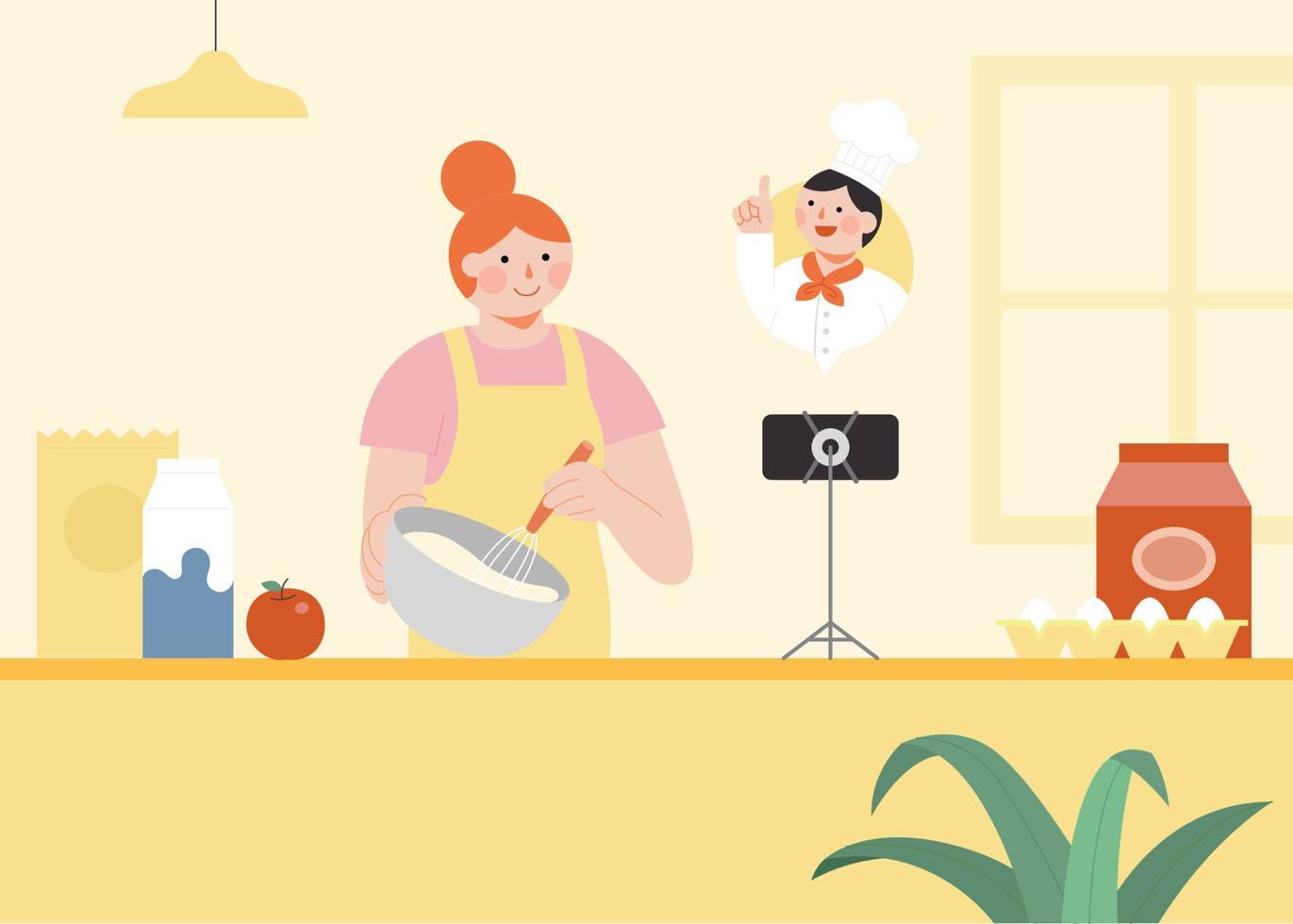 Young woman is standing in the kitchen and watching baking tutorials or learning from online cooking classes. vector