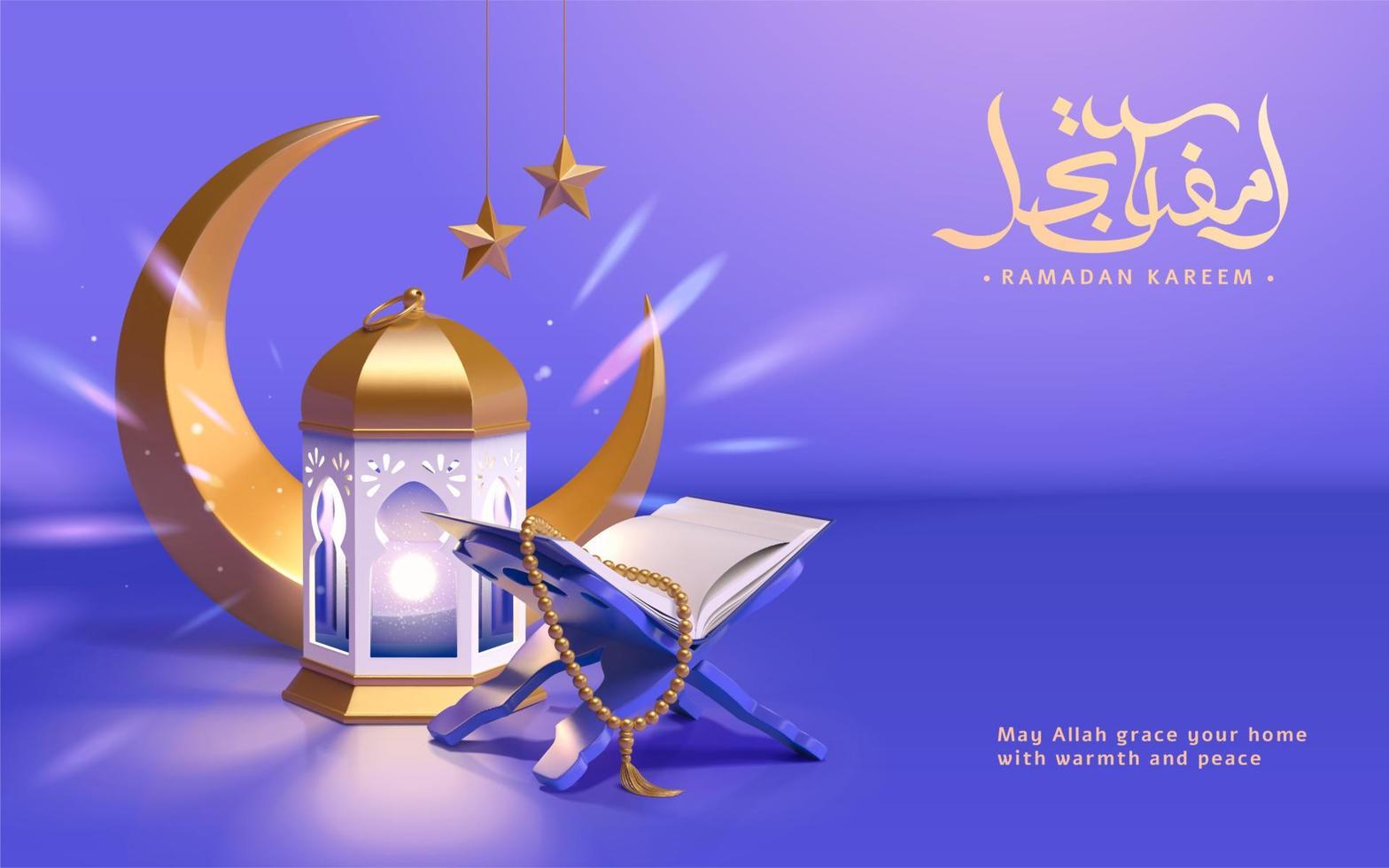3d modern Ramadan background suitable for greeting card or sale template. Toy layout design of Islamic lantern, holy Quran and the gold moon. vector
