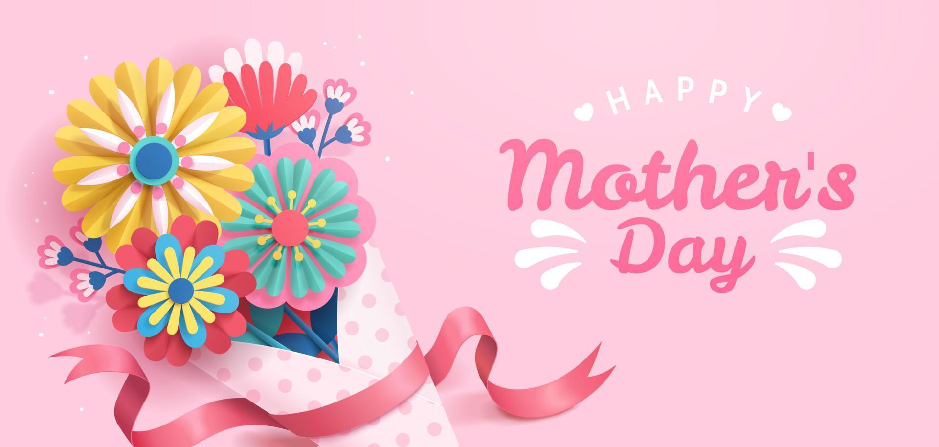 Happy Mother's Day banner, designed in paper folding style on pink background. The bouquet wrapped with dotted paper. vector